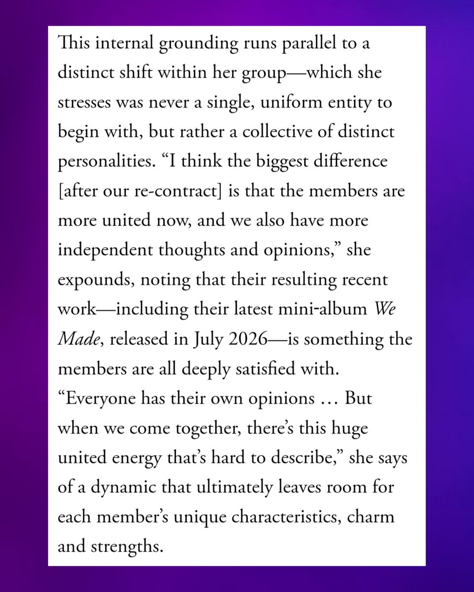 idlepopbase's tweet photo. i-dle's SHUHUA on how the group has changed after renewing their contracts: 

"I think the biggest difference is that the members are more united now, and we also have more independent thoughts and opinions. Everyone has their own opinions ... But when we come together, there's this huge united energy that's hard to describe."