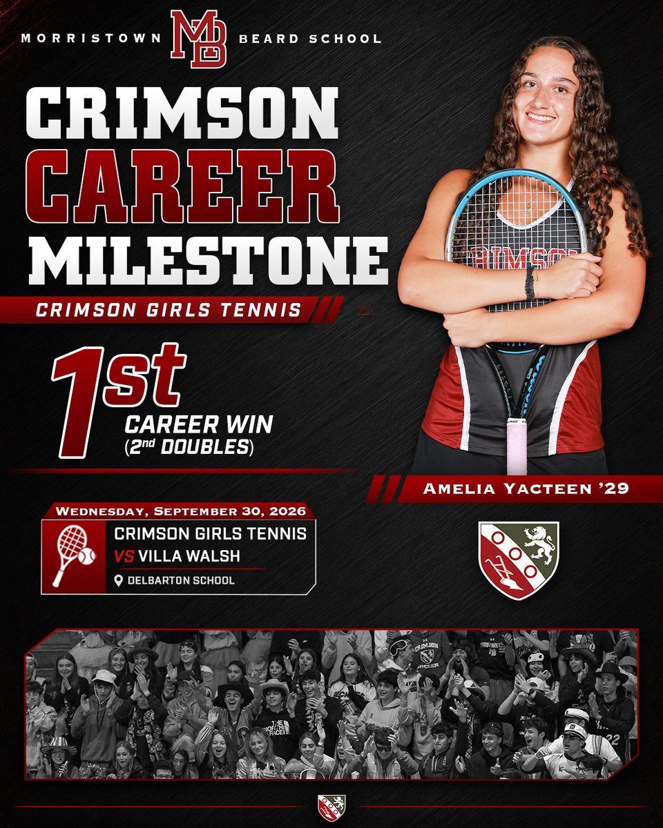 AthleticsMBS's tweet photo. Congratulations to Amelia Yacteen ’29 on earning her first career varsity win at second doubles in the Crimson’s 4–1 victory over Villa Walsh! @morristownbeard @mobeardgtennis #GoMoBeard https://t.co/GsuZlGWc4L