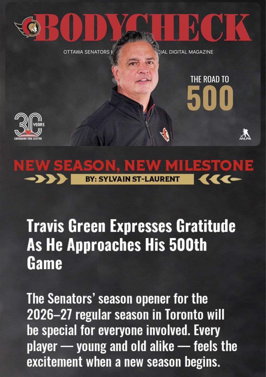 Syl_St_Laurent's tweet photo. The October issue of Bodycheck magazine is available in the Sens App:

- Travis Green about to reach the 500 game plateau as a head coach in the NHL.

- Laurie Boschman remembers what it was like to become the 1st captain in team history.

- Prospect profile: Djibril Toure. https://t.co/CI5oR1bGpt
