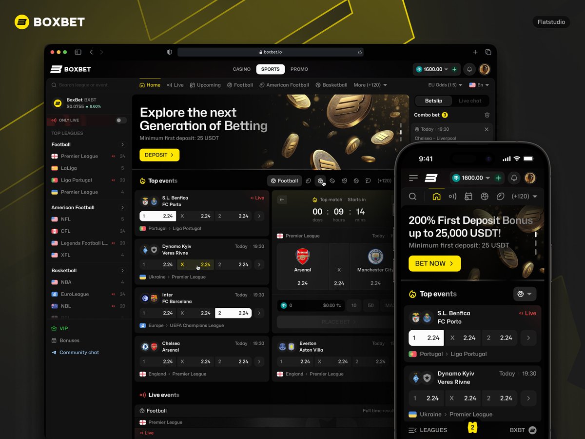 flatstudio_'s tweet photo. The home screen we built for @BoxBetio, on web and mobile – top events with live odds and a running combo betslip, a countdown to kickoff on the top match, and a deposit bonus banner. https://t.co/zKNJNxPPdY