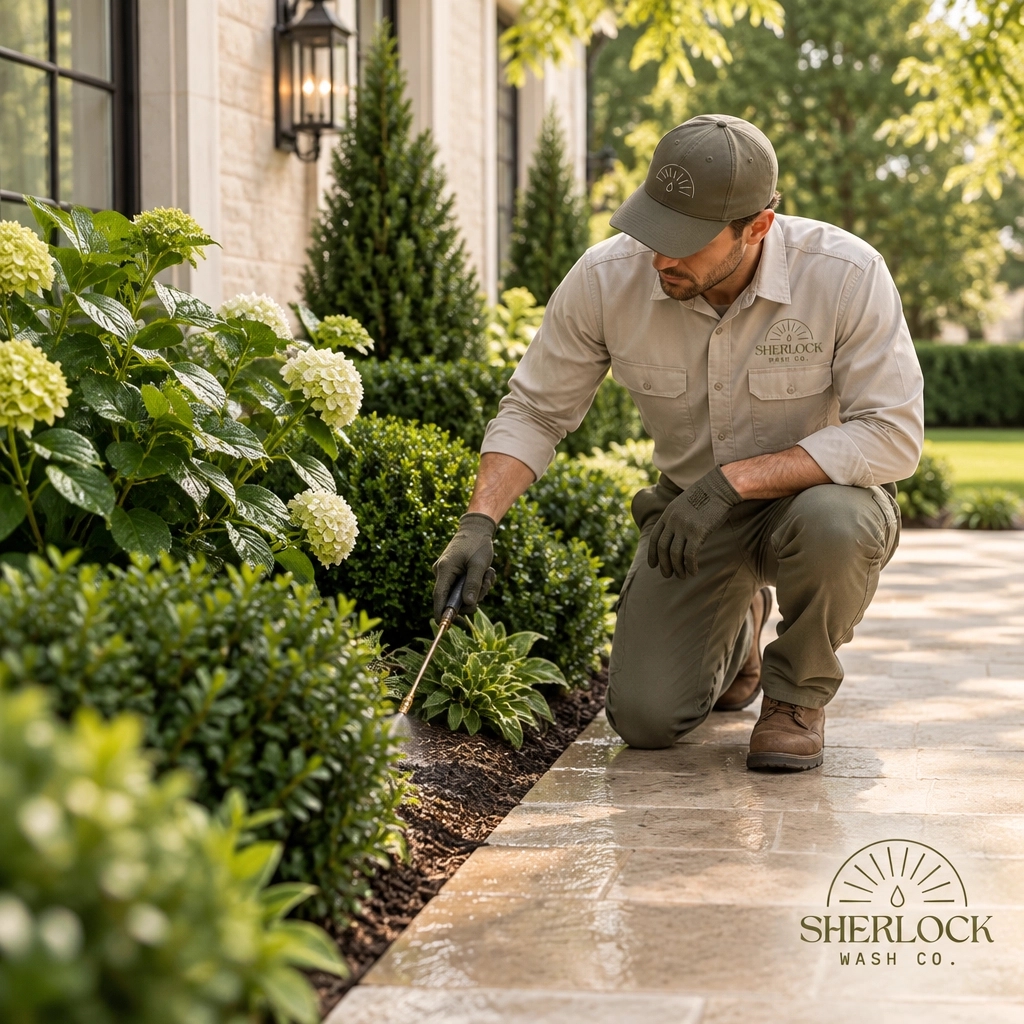 SherlockWashCo's tweet photo. Quick tip: Treat organic growth gently. Eco-safe surfactants and targeted degreasers can lift embedded staining while helping protect surrounding plants, landscaping, and manicured grounds. Whole-property care matters. #BotanicalCare https://t.co/2KPPyhIbet