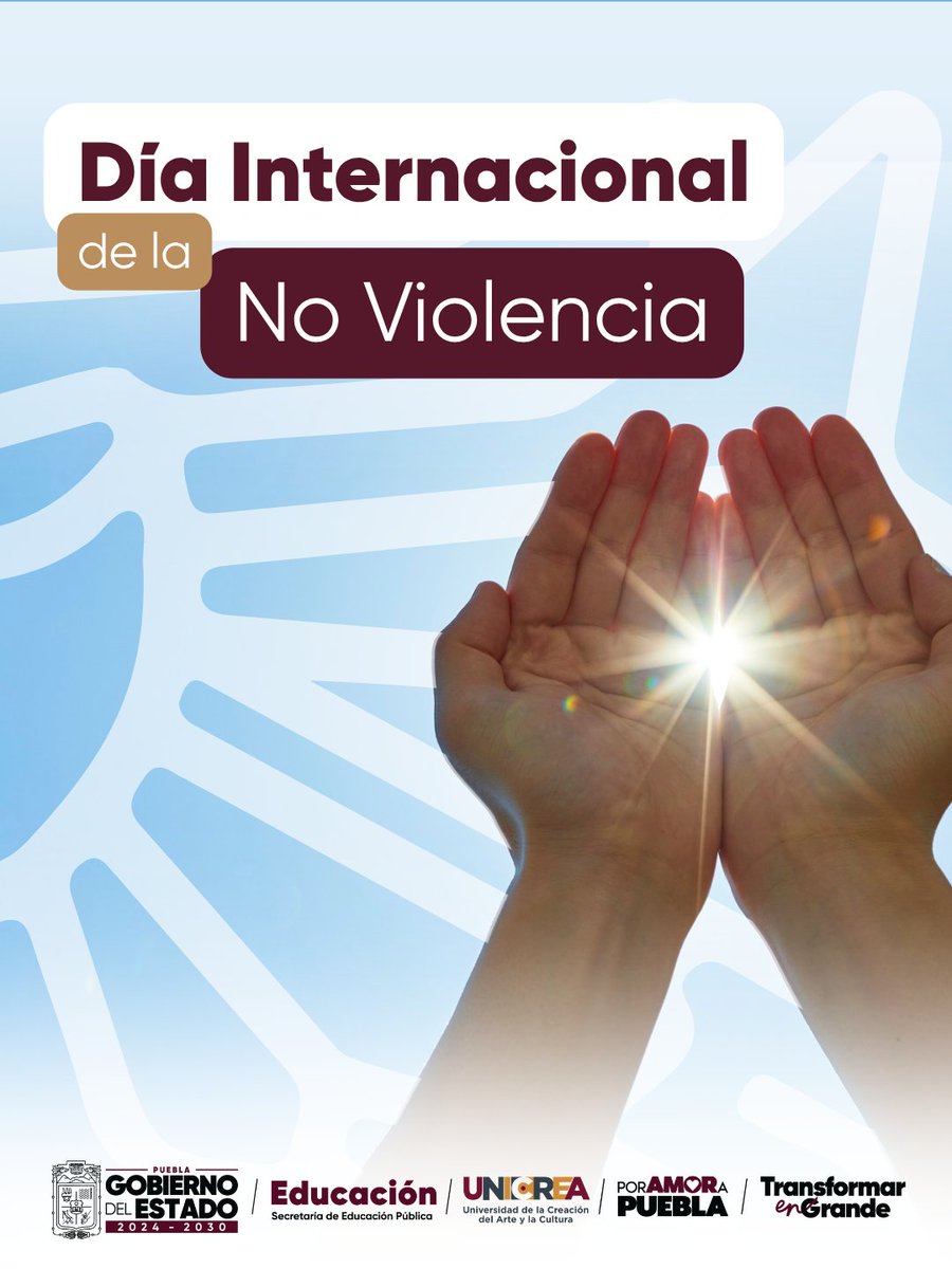 UNICREAPue's tweet photo. #SabíasQué 🕊El Día Internacional de la No Violencia es conmemorado cada 2 de octubre, coincide con el aniversario del nacimiento Mahatma Gandhi, líder del movimiento de la Independencia de la India y pionero de la filosofía y la estrategia de la no violencia.

#PorAmorAPuebla https://t.co/fOYo2XvqIM