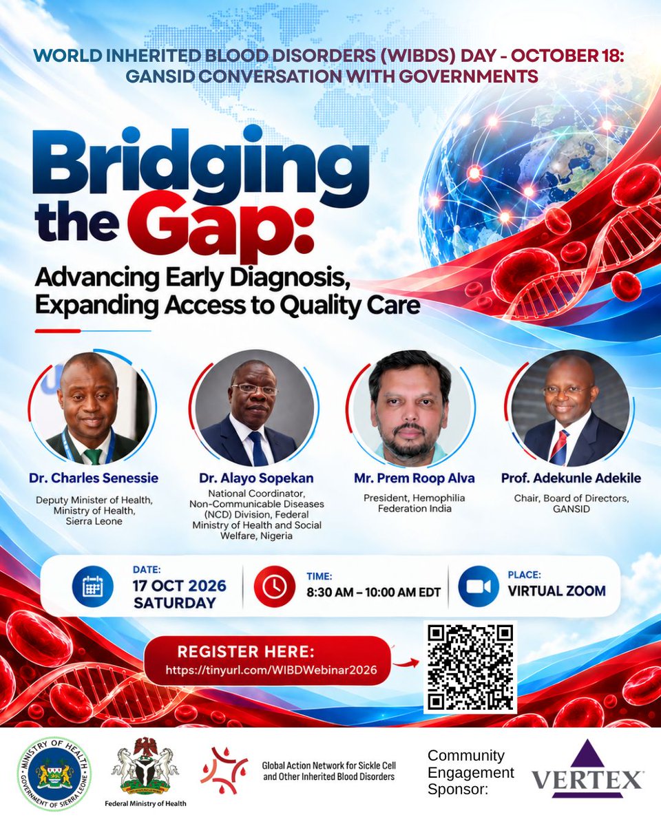 IBloodDisorders's tweet photo. In recognition of World Inherited Blood Disorders Day, join GANSID for a global conversation on patient advocacy, early diagnosis &amp; equitable access to emerging therapies.

📅 Oct 17 | 8:30–10 AM EDT
💻 Virtual | Zoom

🌍 Register: https://t.co/MLtnOO4KKj

#GlobalHealth #WIBDDay https://t.co/CbZ5ClRLEv