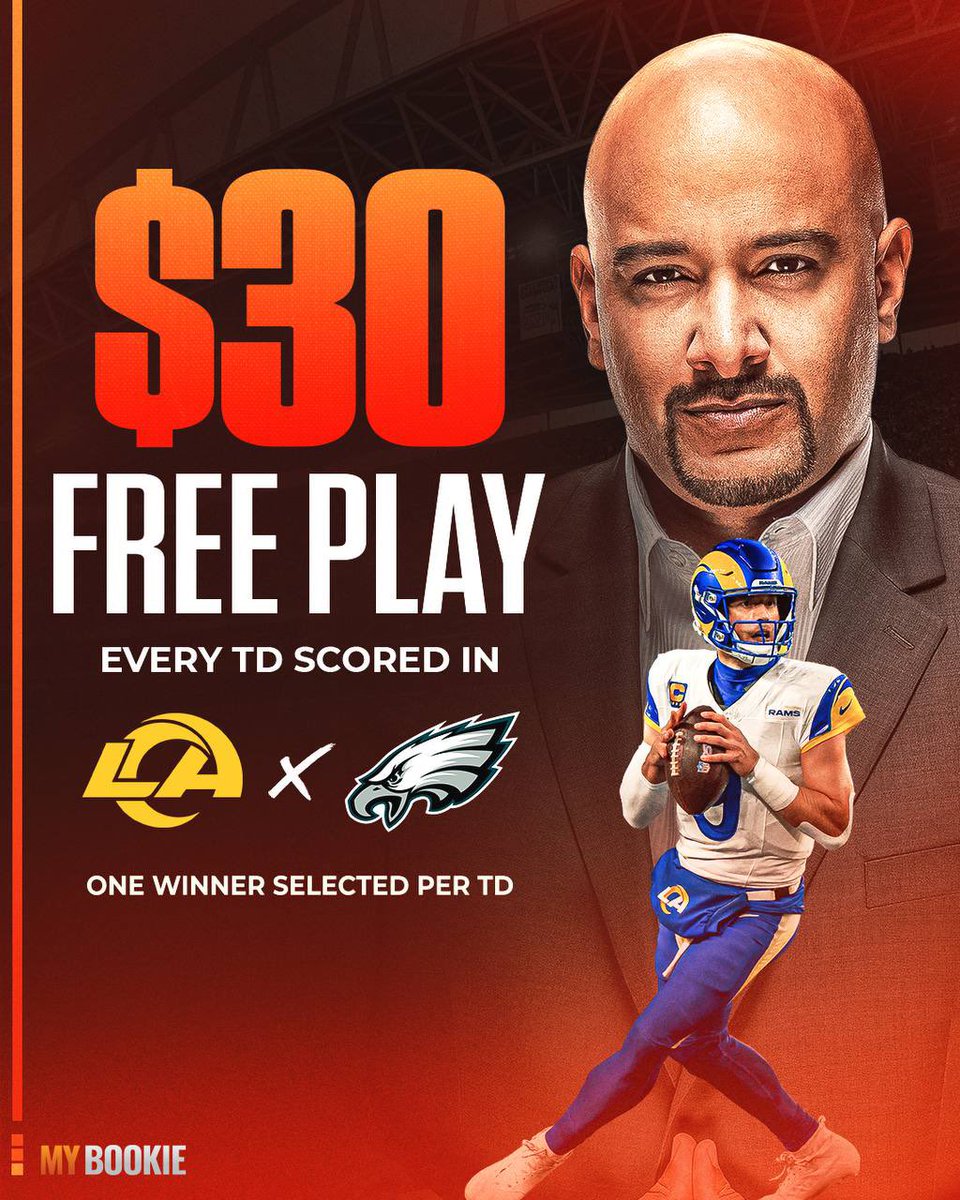 MyBookie's tweet photo. 🚨🚨RAMS VS EAGLES FREE PLAY🚨🚨

Every TD scored 🟰 $30 FREE PLAY

How to enter ⤵️
- LIKE + RT!
- Must be FOLLOWING @MyBookie
- Tag a friend in the comments

**Use the promo code COACHMAN and all new customers are provided with a bet back up to $500 + 50 free spins ‼️ https://t.co/zMyyfPLQkK