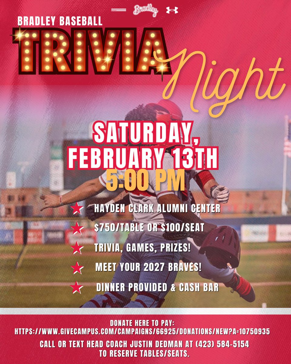 hittingmental's tweet photo. Trivia Night is BACK! @BradleyBaseball Text or e-mail me to reserve your table/seats! https://t.co/e0MhhloXdr