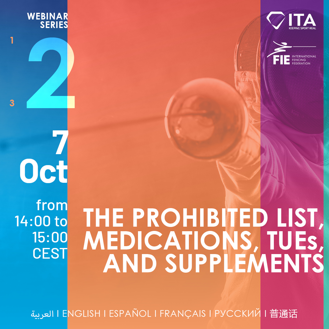 FIE_fencing's tweet photo. Webinar 2 of the FIE x ITA anti-doping series is on Wednesday 7 October, 14:00-15:00 CEST 🤺 

👉🏻 Medications, supplements, TUEs and the Prohibited List, all explained by the ITA in one hour. 

Fencers, coaches, and entourage are welcome!

➡ Register here: https://t.co/sjO9ij75fP
➡ Discover the webinar series: https://t.co/gAX6S20J7o 

#fencing #escrime #esgrima #scherma #ITA 

@IntTestAgency