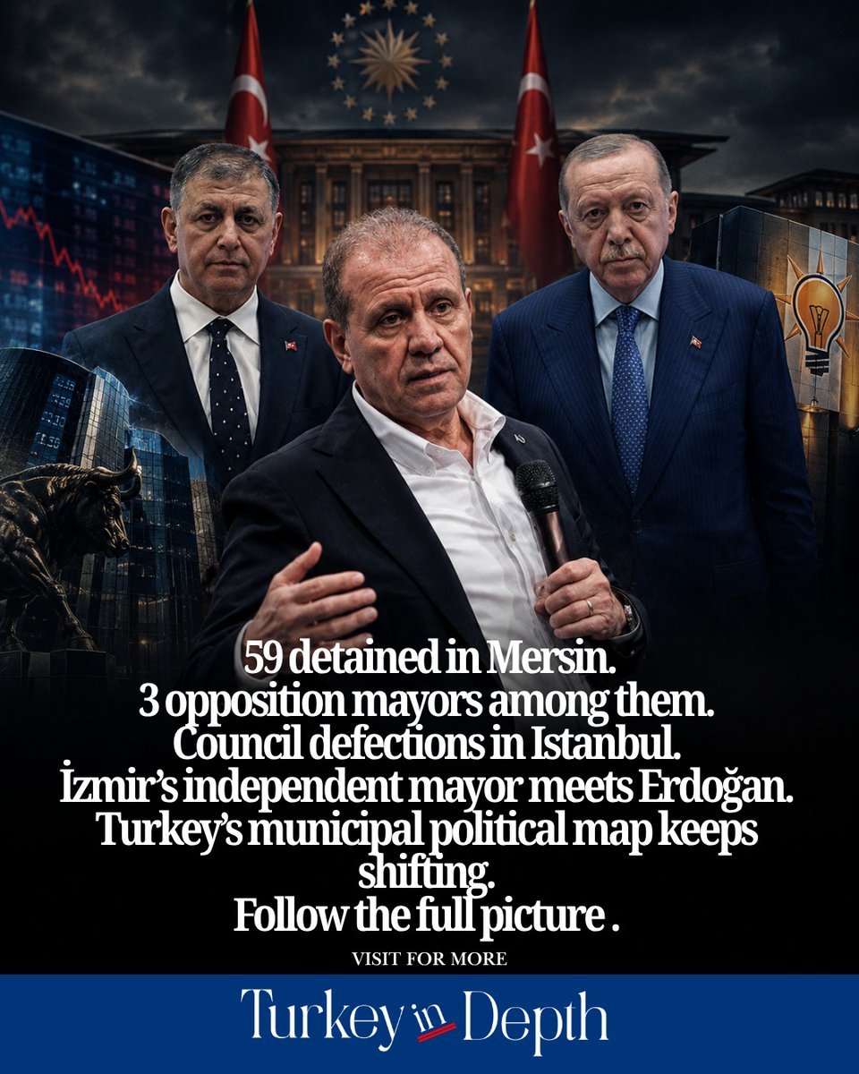TurkeyInDepth2's tweet photo. 🏛️ Mersin: three mayors detained
🤝 İzmir: Cemil Tugay meets Erdoğan
🔄 Ataşehir: six CHP council members switch to AKP
Three cities. Three different developments. One rapidly changing landscape in Turkey’s local politics.
🔗 https://t.co/ALbNY1Uzu5 https://t.co/YcqGqaFKRj