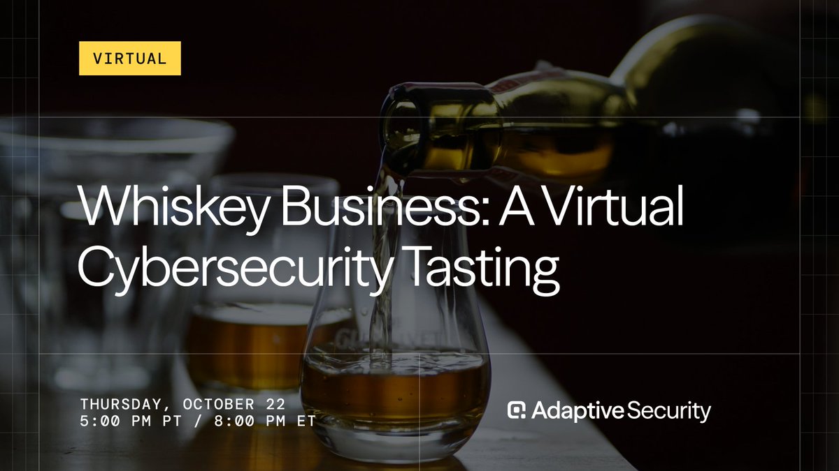 AdaptiveSec's tweet photo. We love bringing security leaders together in person, but sometimes it's nice to skip the flight, hotel, and time away from home.

So for one of our Cybersecurity Awareness Month events, we're bringing the experience to you.

On October 22, we're hosting Whiskey Business, a virtual tasting where we'll ship a curated flight of premium whiskey straight to your door, then bring everyone together for a guided tasting and conversation from the comfort of home.

Want to join us? Request a spot:
https://t.co/Esh9tSuxUM

Prefer to meet in person? We have plenty of those events too, including dinner at The French Laundry in Napa Valley, a private bowling night in Seattle, and a Michelin-starred evening in Los Angeles.

See the full Cybersecurity Awareness Month calendar:
https://t.co/NGoeOXO2ox