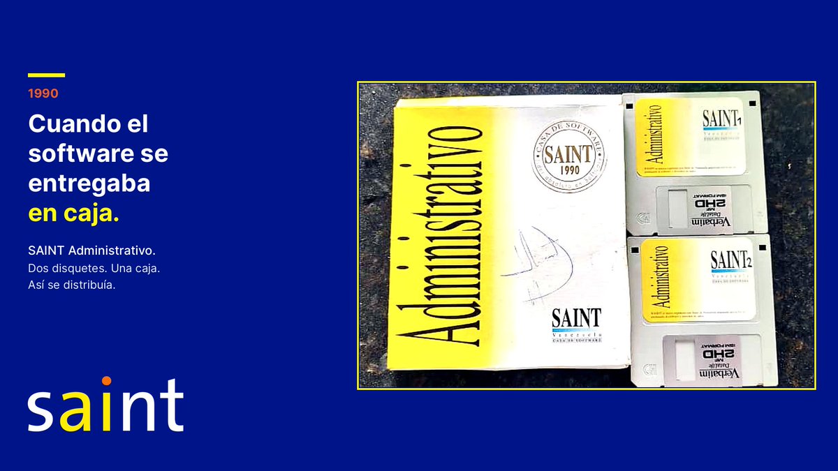 saintnet's tweet photo. En 1990 el software no se descargaba. Se entregaba.

SAINT Administrativo salía en caja, con dos disquetes, para poder distribuirlo.

Casa de software. Venezuela.

Una caja. Dos disquetes. Así empezó lo que hoy se activa en minutos.

#Saint #1990 #Nostalgia https://t.co/vOebHVF7Wq