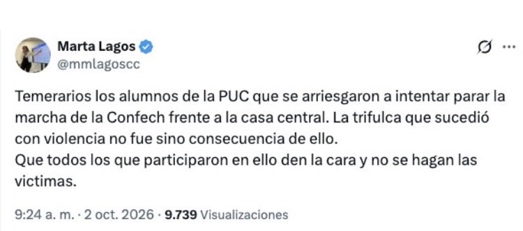 jgalemparte's tweet photo. Marta aunque son las 12 horas 11 minutos del día no le ponga tanto sour o gin tonic. Ahora los violentos tienen derecho a agredir a quienes “no debiesen” protestar  pacíficamente para no “provocar” a violentos. Lindo concepto del derecho a manifestación. https://t.co/BDoMoIx0WI