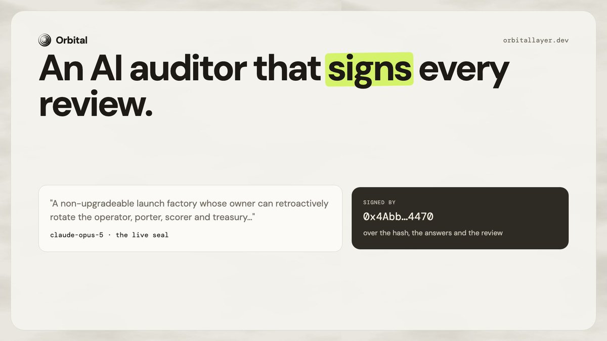 OrbitalLayer's tweet photo. An AI auditor that signs every review it writes.

Claude Opus 5 reads the code, writes what it finds without quoting a line, and the auditor key signs it. Wrong reviews have a name on them. https://t.co/jzrZCo7XbD