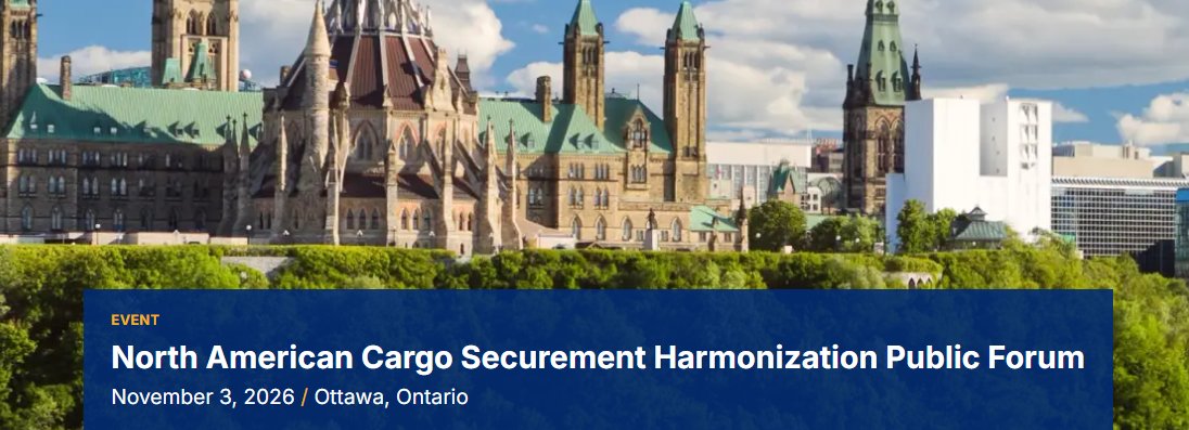 CVSA's tweet photo. Register for the Cargo Securement Harmonization Forum, set for Nov. 3 in Ottawa, Ontario. This public forum is for stakeholders interested in discussing, improving and implementing uniform cargo securement regulatory requirements throughout North America.  https://t.co/4ROIyh88Ic https://t.co/z1wadQG0Sv