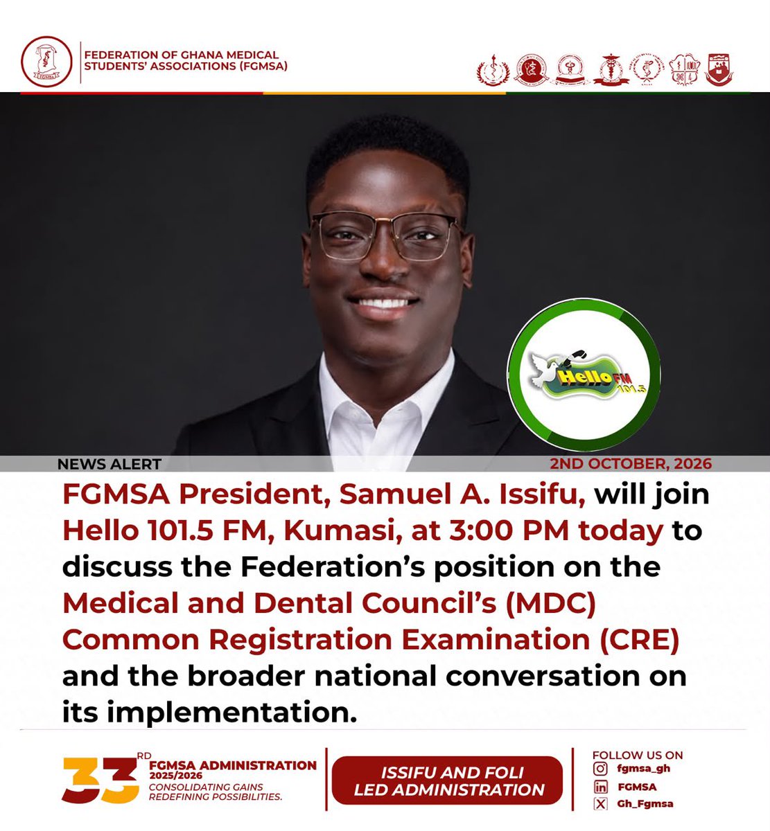 PoetKearls's tweet photo. This afternoon, I join Hello 101.5 FM to discuss FGMSAβs position on the MDC Common Registration Examination.
Our concern is not with standards. It is with duplication.
3:00 PM. Tune in. ποΈπ¬π
#ReThinkTheCREMDC https://t.co/gjvIncCYbk