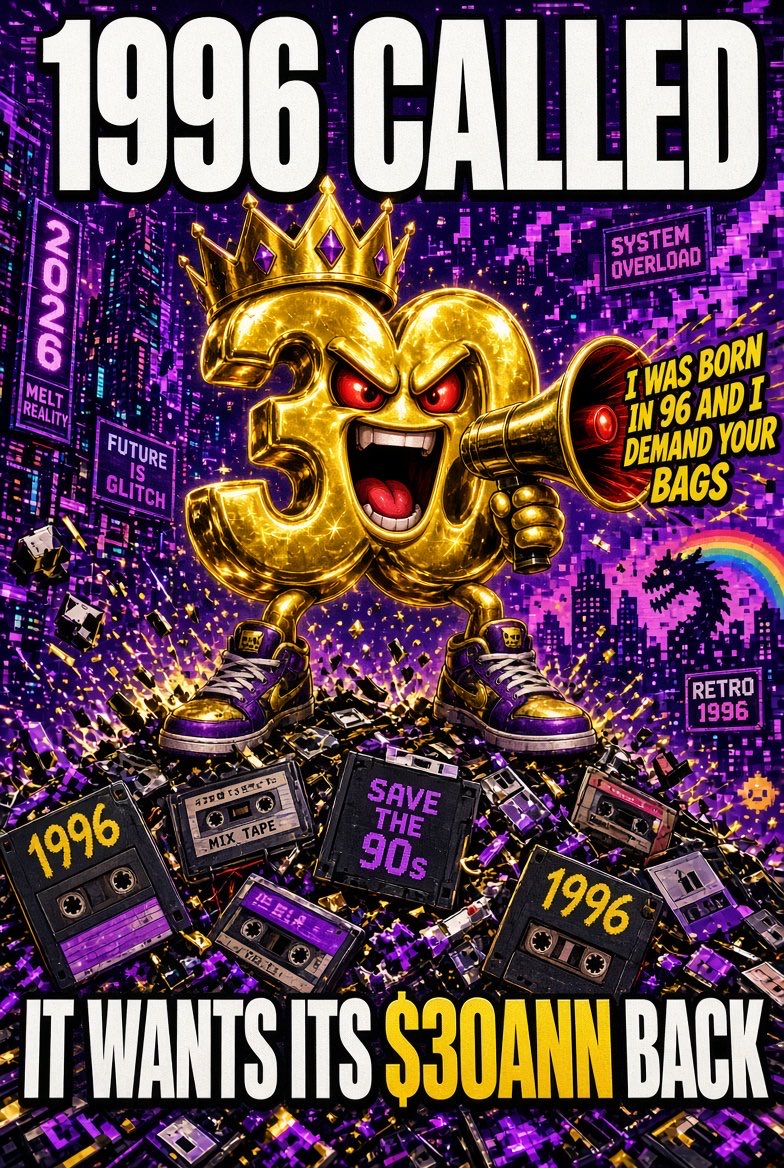 Goodyynesss's tweet photo. @30ANNToken 1996 just called… and it’s pissed 😤
It wants its $30ANN bags BACK.
Born in ’96. Still demanding your soul in 2026.
Who’s ready to get collected? 👑💾🔥
#30ANN #MemeContest https://t.co/3Egjg3Z2HT