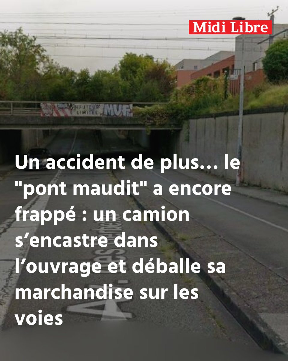 Midilibre's tweet photo. Un accident de plus… le "pont maudit" a encore frappé : un camion s’encastre dans l’ouvrage et déballe sa marchandise sur les voies
➡️ https://t.co/pflMbnUphT https://t.co/u2l1Ri15rz