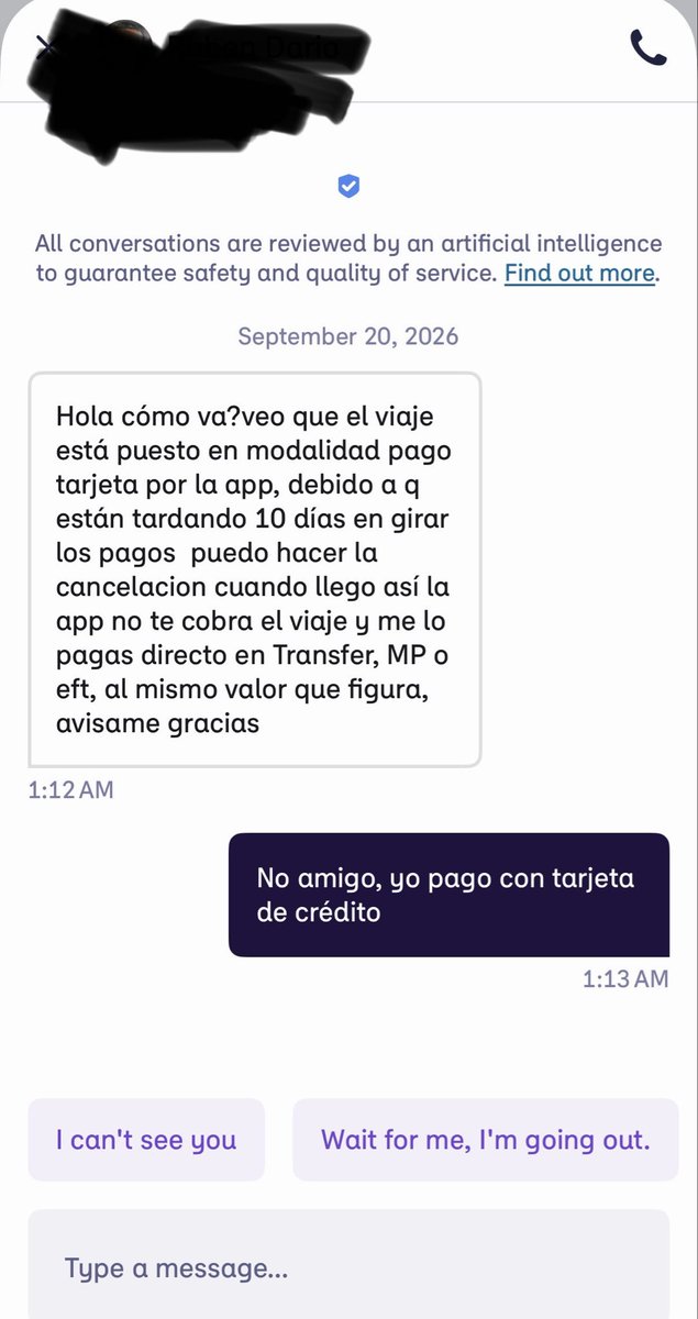 DrConsumidorArg's tweet photo. Cada vez más frecuente esta modalidad en UBER y Cabify 

Te pedis un auto, te escriben para que VOS canceles y pagues en eft o transf 

No lo hagan JAMÁS. Es un peligro, si después pasa algo nadie se hace cargo y no queda registrado https://t.co/16WqWoOIiA