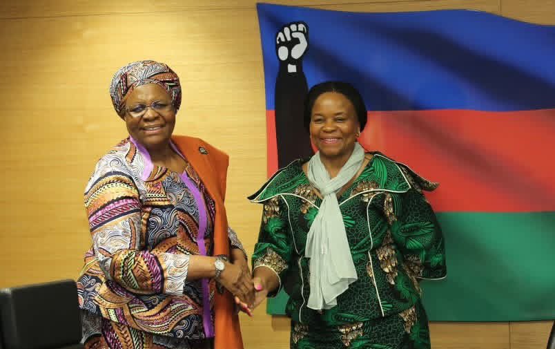 SWAPONamibia's tweet photo. Bilateral Exchange | SWAPO 🔵🔴🟢 x ANC⚫️🟢🟡👫

At the SWAPO National Headquarters today, 02/10/2026, the President of SWAPO &amp; of the Republic of Namibia, H.E. Dr. Netumbo Nandi-Ndaitwah accompanied by comrade Sophia Shaningwa, SG of SWAPO, received Cde. Dr. Gwen Ramokgopa… https://t.co/S0nrZTr8u2