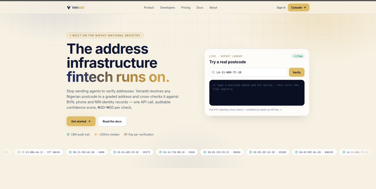 callmidavid's tweet photo. moniepoint and opay had to send someone to my house just to confirm i live there.
nigeria just launched @Postcode_ng + a raw nipost api 
 so i built the Veriadd, thing banks/fintech should have called instead of a field agent
🧵…… https://t.co/ea0S4Cpw0X