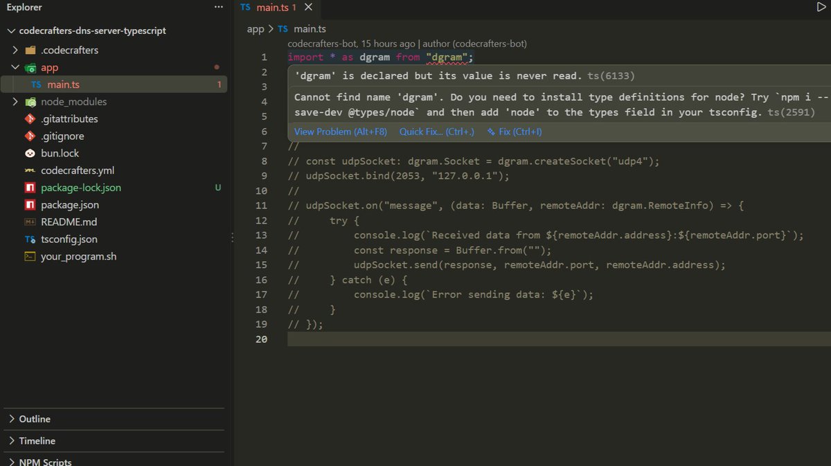 shrvansudhakara's tweet photo. Hey @codecraftersio, the "Build your own DNS server" TS starter shows type errors after a local clone, even with deps installed.

Cause: TS 6 defaults types to []
Fix: "types": ["bun"] in tsconfig

Opened a PR 👇
https://t.co/GxLazt6K8W

#TypeScript #Bun https://t.co/9UNqMMAe8u