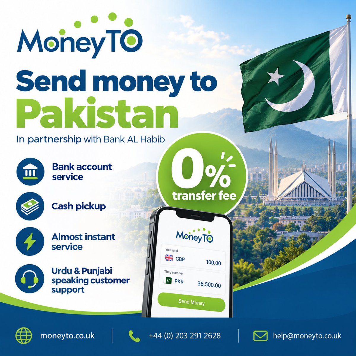 MoneyTOLimited's tweet photo. 🇵🇰 Sending money to Pakistan with MoneyTO and Bank AL Habib
We are pleased to work with Bank AL Habib to provide our customers with fast and convenient money transfer services to Pakistan.
With MoneyTO, customers can send money to Pakistan through:
💳 Bank account transfers https://t.co/0DUPfr82n6