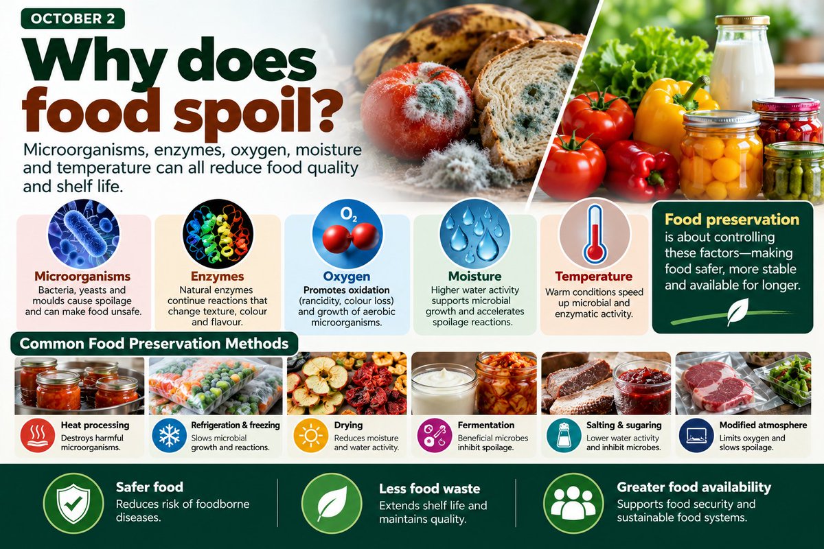 InamSci's tweet photo. Why does food spoil?

Microorganisms, enzymes, oxygen, moisture and temperature can all reduce food quality and shelf life.

Food preservation is about controlling these factors—making food safer, more stable and available for longer.

#FoodScience #FoodPreservation #FoodSafety https://t.co/5VVjbkJlRx