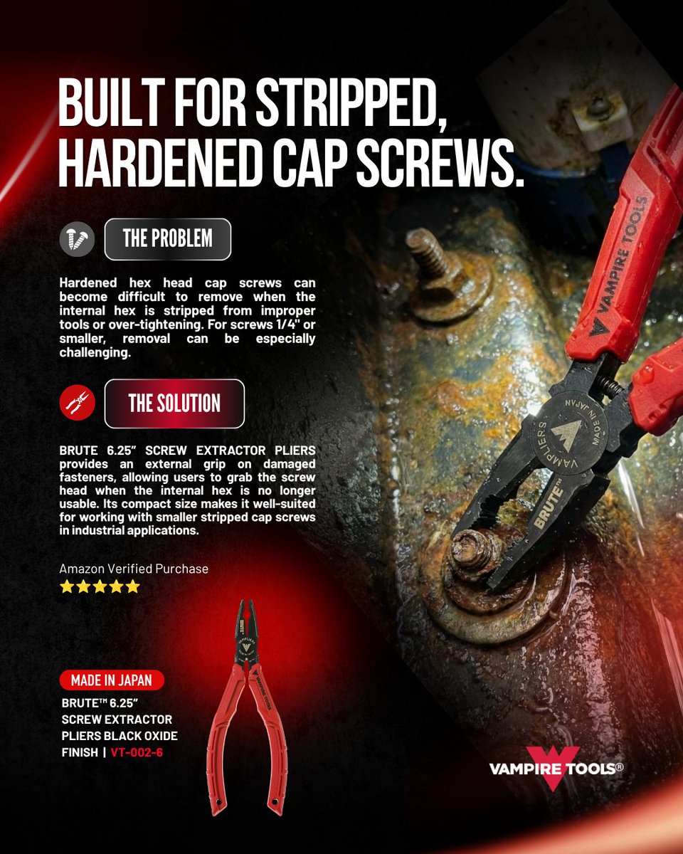 Vampire_Tools's tweet photo. BRUTE 6.25" Screw Extractor Pliers are designed to grip stripped, damaged, and stubborn screw heads giving you a better grip when the job gets tough. https://t.co/WybMhBdfYJ

Our upcoming sale is almost here, stay tuned. https://t.co/Jay4GhEXOE