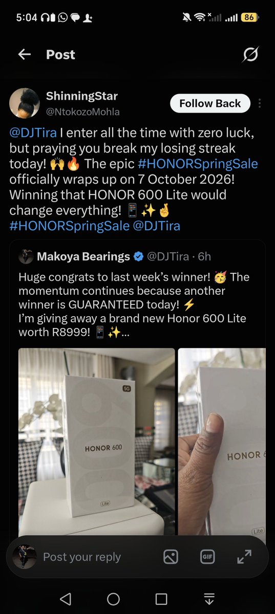 DJTira's tweet photo. @HonorAfrica The winner is...... @NtokozoMohla 🥳🥳🥳🥳🥳🥳 congrats today is your lucky day #HONOR600lite is yours 🥳🥳🥳🥳 Happy Friday !!! #HONORSpringSale https://t.co/Ysee4C3sQp