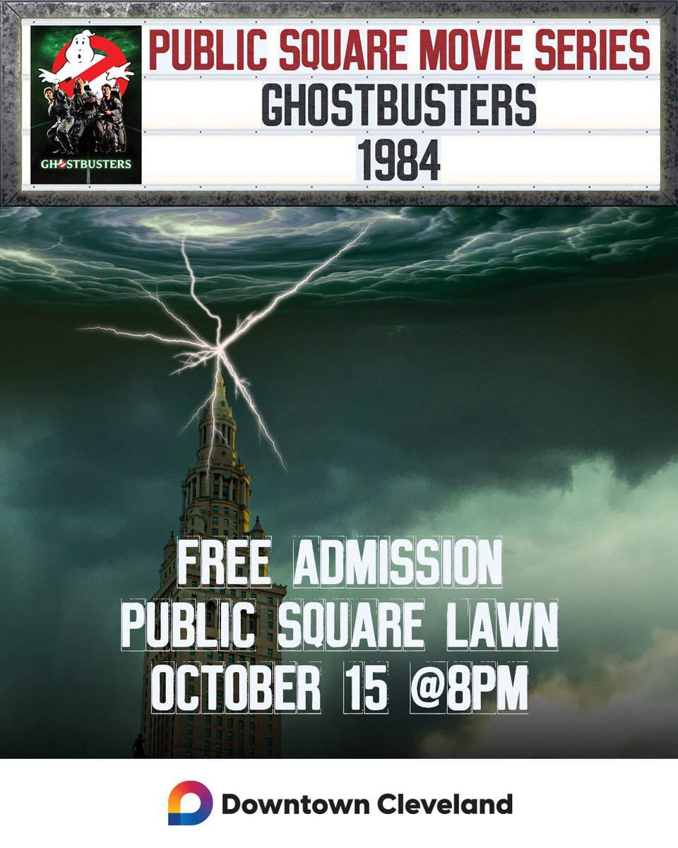 DowntownCLE's tweet photo. Join us for the LAST Public Square Movie Night, featuring a spooky season showing of the original 1984 “Ghostbusters” film!👻

🗓️Thursday, October 15th
⏰8pm (after the Farmers Market)
📍Public Square

Bring a lawn chair or blanket, and get cozy to watch this Halloween classic!🍿 https://t.co/uc8vFViRk7