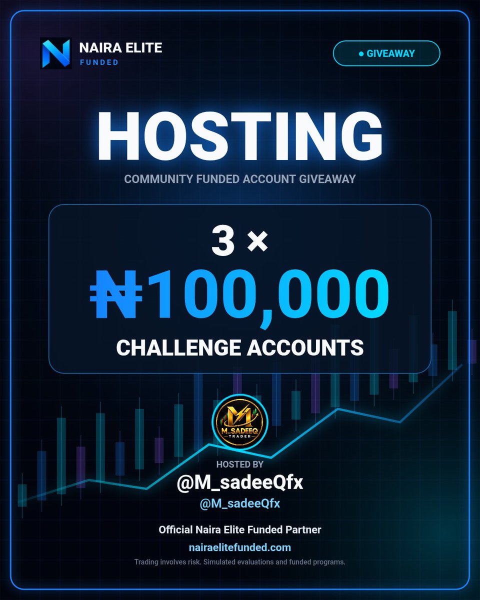 M_sadeeQfx's tweet photo. 🚨 NAIRA ELITE FUNDED GIVEAWAY IS LIVE! 🎁🔥

To celebrate my new partnership with Naira Elite Funded, we’re giving 3 lucky traders a ₦100,000 Challenge Account each! 💰📈

How to enter:

1️⃣ Follow @M_sadeeQfx
2️⃣ Follow @nairaelite
3️⃣ Like ❤️ & repost 🔄 this post
4️⃣ Tag 3 active traders in the comments

🎁 3 Winners × ₦100,000 Challenge Accounts

Also follow: @Mrlotsize @Grandeza_trades @YusupGhost

Make sure you complete ALL the steps to qualify.

The more you engage, the more you support the community. 🤝🔥

Good luck, traders! May the charts smile on you. 😂📈