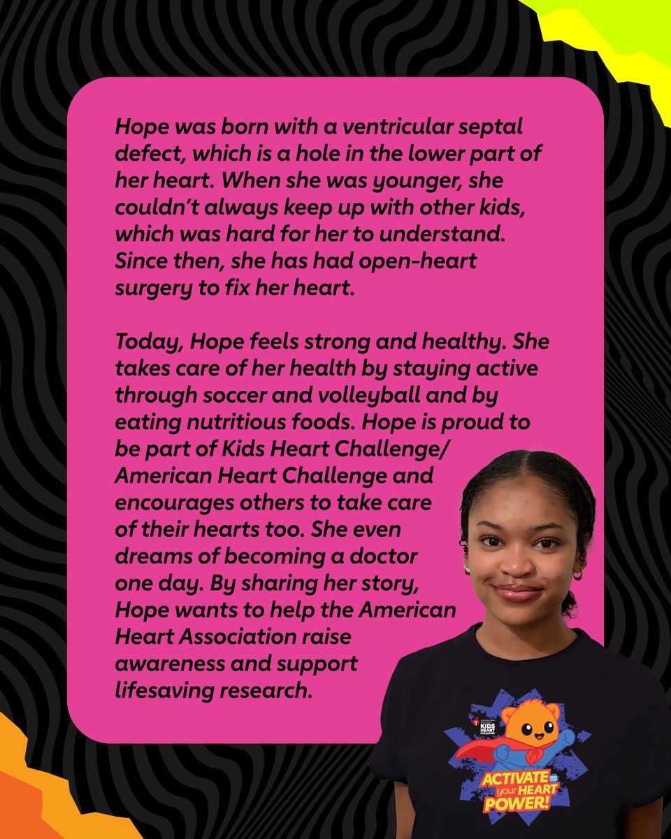 KidsHeartChall's tweet photo. ✨ Youth Ambassador Spotlight: Hope ✨ 

Hope was born with a ventricular septal defect, a congenital heart defect that affected her ability to keep up with other kids when she was younger. After undergoing open-heart surgery, Hope's heart is stronger and healthier than ever. https://t.co/ErKI8xEO5D