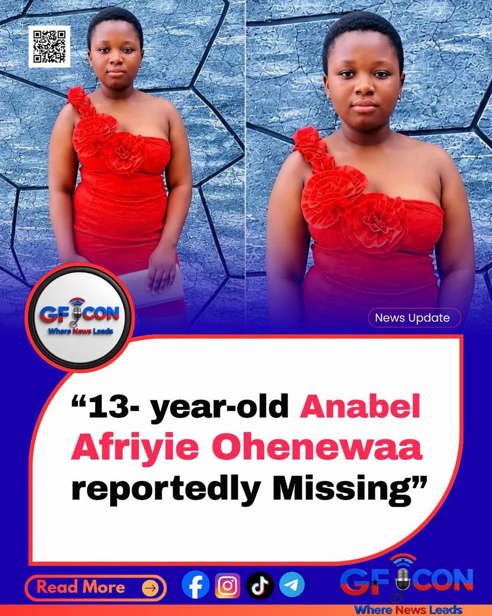 Nanaezze's tweet photo. The family of 13-year-old Anabel Afriyie Ohenewaa is appealing to the general public for help after she reportedly went to school on Wednesday, 30th September 2026, in Accra- Dobro, but has since not returned home.

According to the family, all efforts made so far to locate her have not yielded any positive results.

The family is therefore appealing to anyone who may have seen Anable or has any information about her whereabouts to kindly come forward and assist in finding her 0244440359 / 0242836342 or call Toll Free number 112 

Anabel speaks both English and Twi.

Please share this information widely. Someone may have seen her and could provide the information needed to reunite her with her family.

Source: Kademan TV