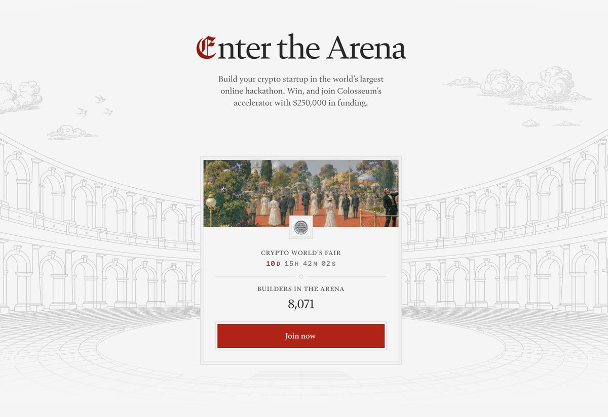 colosseum's tweet photo. 8,000+ builders are now competing in Crypto World's Fair. There are 10 days left to submit a product.

We will be awarding/investing in the best startups integrating Solana, Base, Robinhood Chain, Hyperliquid, Zcash, Tempo, Arbitrum, and Ethereum L1.

https://t.co/pm2437ccDm https://t.co/OnKVl2OYQy