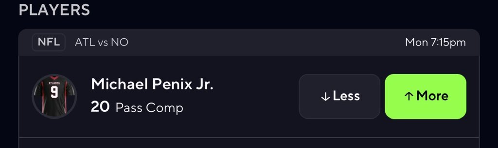 BricePicks's tweet photo. MNF FREE SQUARE 🏈🔥

MICHAEL PENIX JR. OVER 20 COMPLETIONS ⬆️

THIS LINE IS FREE 😭

DON’T OVERTHINK IT. 💰 https://t.co/kDyVzc4Yry