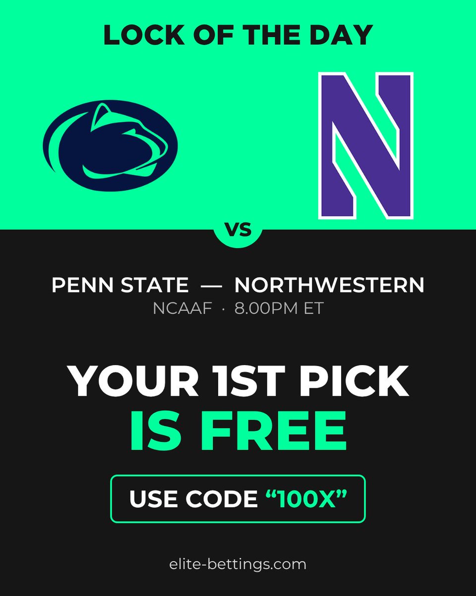 EliteBettings's tweet photo. 🔒 LOCK OF THE DAY 🔒

🏈 Penn State vs Northwestern — NCAAF
🕗 8.00PM ET

🎁 1st pick FREE - code "100X"
https://t.co/Eucq8FEZKc

#CFB #CollegeFootball #CFBPicks #SportsBetting #FreePick https://t.co/jDrLE3PuDg