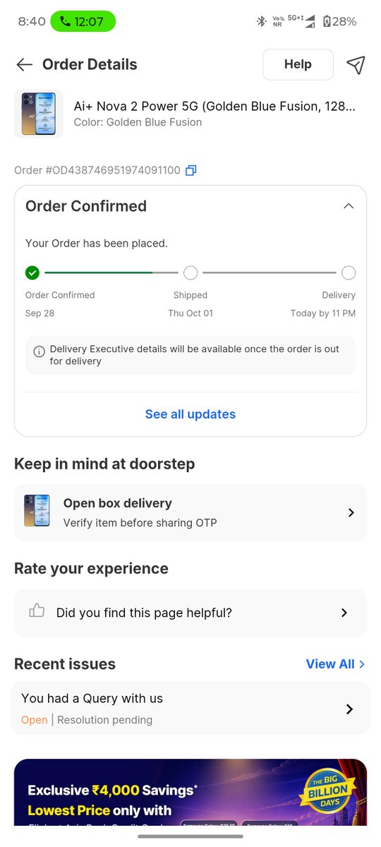 KartikKumar2509's tweet photo. FlipkartSupport  October 2nd (the promised delivery date), and my order (#OD438746951974091100) has still not even been shipped. Your support team has done nothing except give fake updates. I will be escalating this clear deficiency in service to the NCH  @jagograhakjaago https://t.co/dVkDsGogKW
