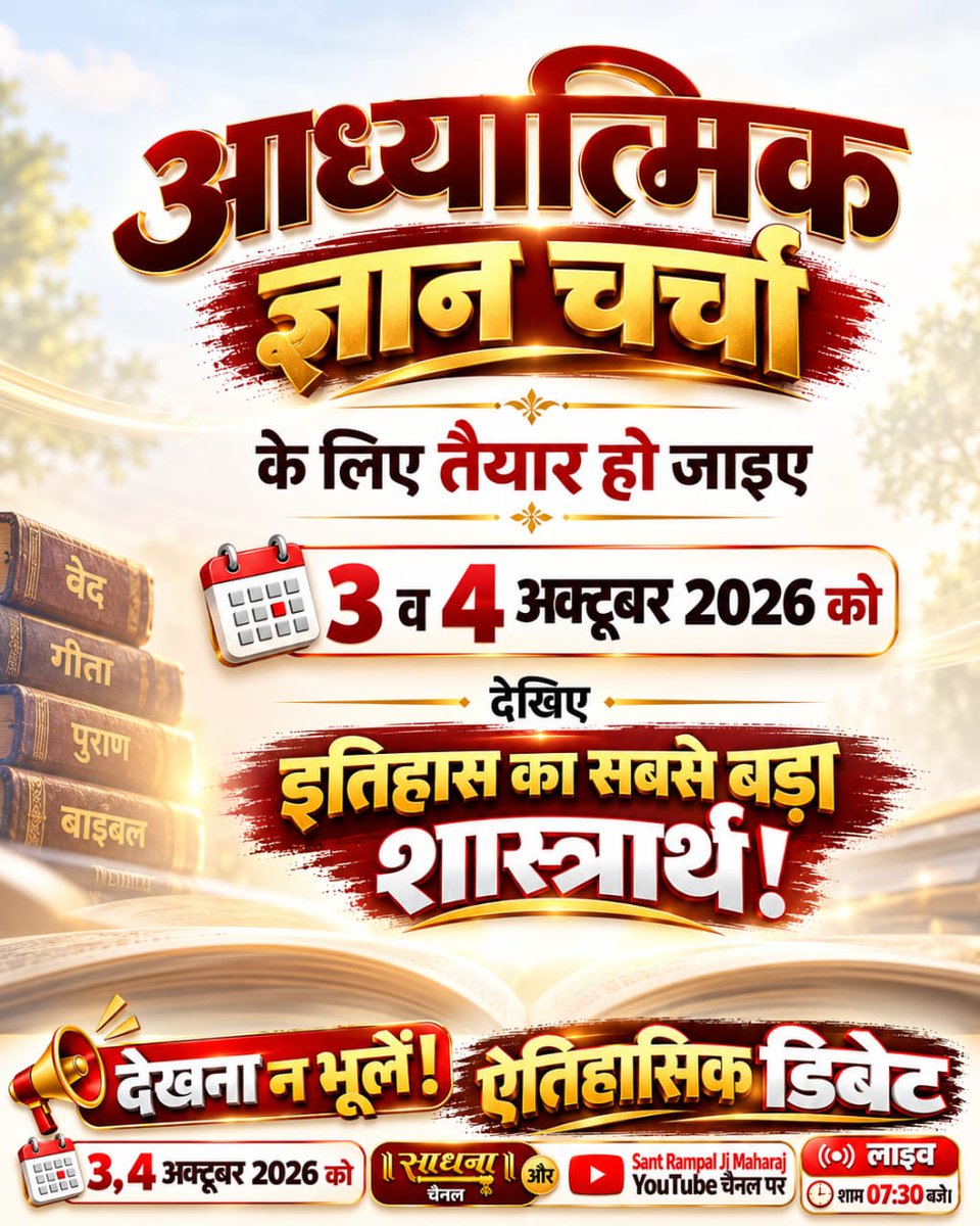 mavasiya's tweet photo. #1DayToGoForHistoricDebate
♦️सोशल मीडिया की छूट: डिबेट के लिए चैनल बुक न कर पाने वाले धर्मगुरुओं को सोशल मीडिया से पक्ष रखने की पूरी छूट।
देखें खास वीडियो "शास्त्रार्थ का शंखनाद" Sant Rampal Ji Maharaj YouTube Channel पर।

Sant Rampal Ji Maharaj https://t.co/QU8Rfr5fYO