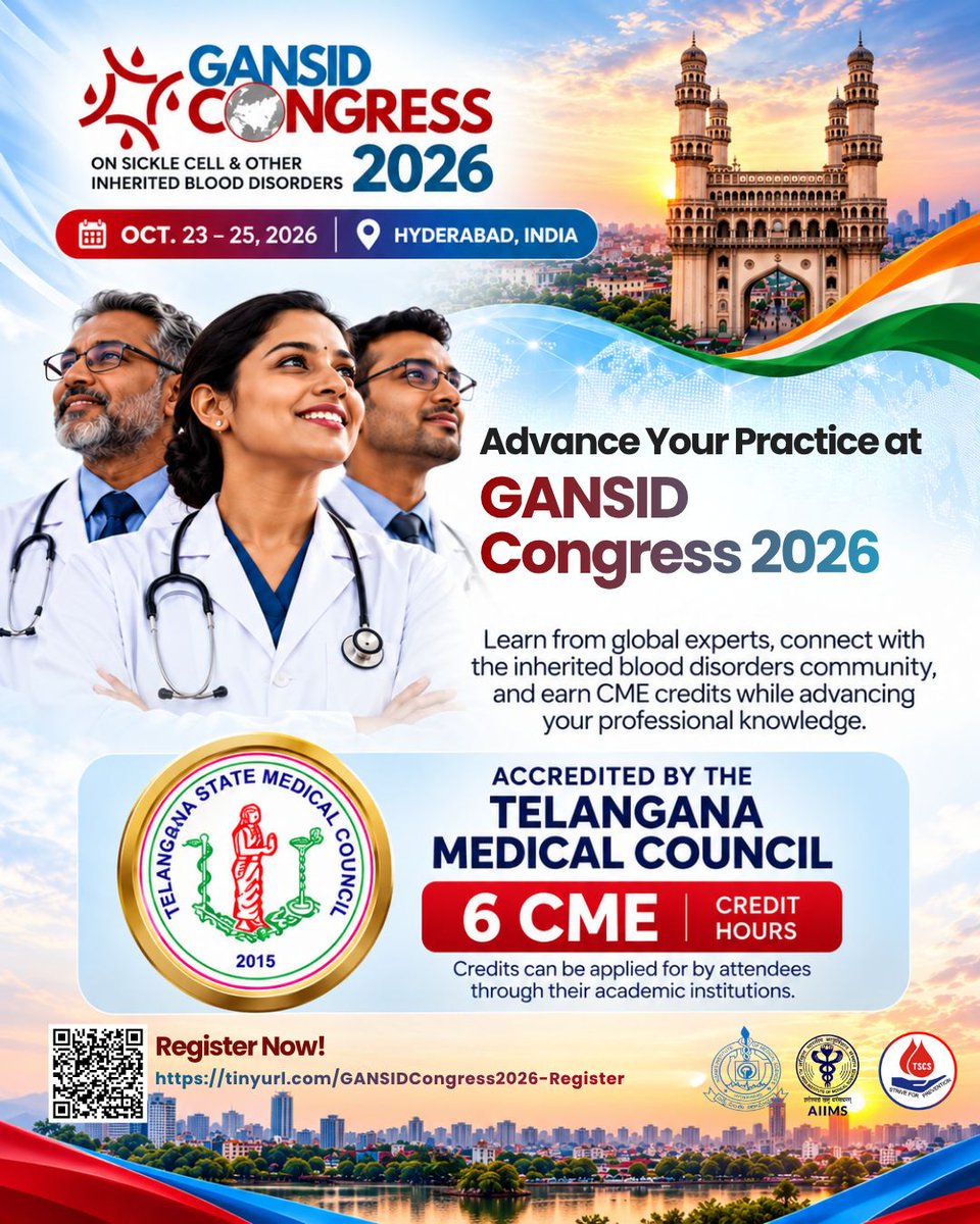 IBloodDisorders's tweet photo. Clinicians, earn #CME credits while advancing your knowledge at #GANSIDCongress2026 !

Attend all 3 days and earn 6 Telangana Medical Council CME credit hours — 2 credits per day.

📅 Oct 23–25 | 📍 HICC–Novotel Hyderabad

Register now: https://t.co/VwB9wltIy0 https://t.co/b6pRecDi9k