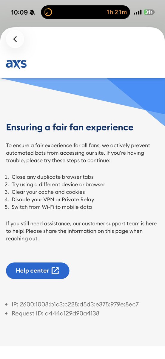 MeganStreich11's tweet photo. Waited for general sale after the presale disaster, and @axs you still have me blocked. Cant get tickets now. Only way is for me to go on stubhub and pay at least twice the original price even though you are trying to « ensure a fair fan experience » which is complete bs. https://t.co/9gB5mYH5RM