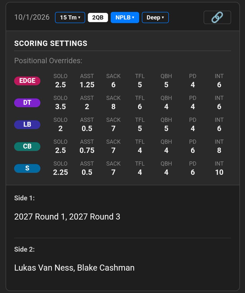 IDPTradeDB's tweet photo. Want league context so you can get an idea of how a trade in the database may relate to your league? I've got you covered! Scoring? Roster settings? Player copies?

https://t.co/Uyb1KKvj3H

#FFIDP #FantasyFootball https://t.co/jul0SVeV5z