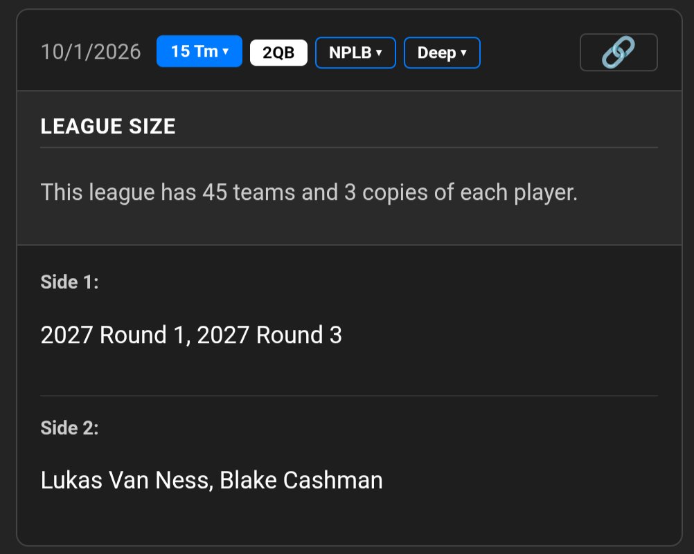 IDPTradeDB's tweet photo. Want league context so you can get an idea of how a trade in the database may relate to your league? I've got you covered! Scoring? Roster settings? Player copies?

https://t.co/Uyb1KKvj3H

#FFIDP #FantasyFootball https://t.co/jul0SVeV5z