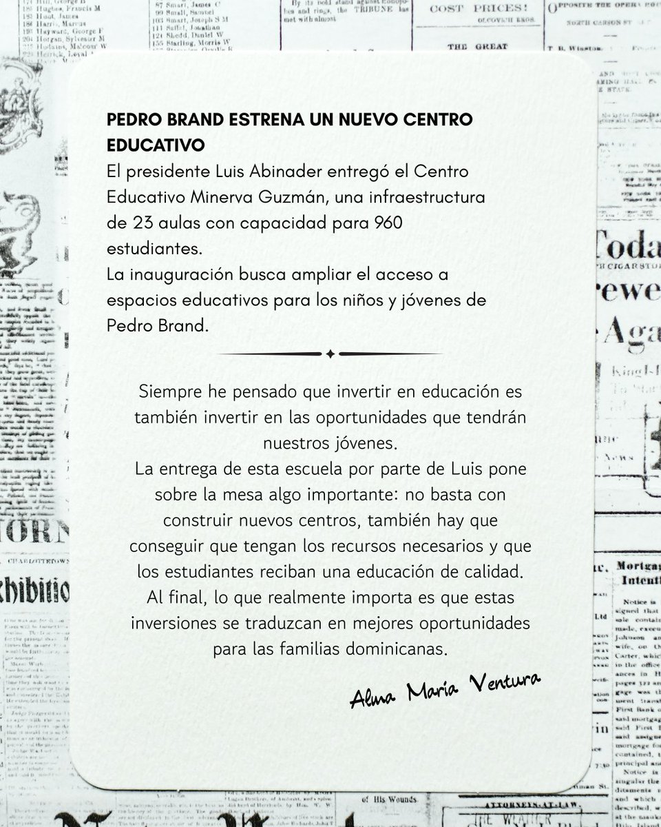 AlmaVenturaRD's tweet photo. ¡Una nueva escuela en Pedro Brand! 🏫🇩🇴 
Luis entregó el Centro Educativo Minerva Guzmán, con capacidad para 960 estudiantes. Ahora, el reto es aprovechar estas instalaciones para ofrecer una educación de calidad.

#LuisAbinader #EducaciónRD https://t.co/tGannq4BZo