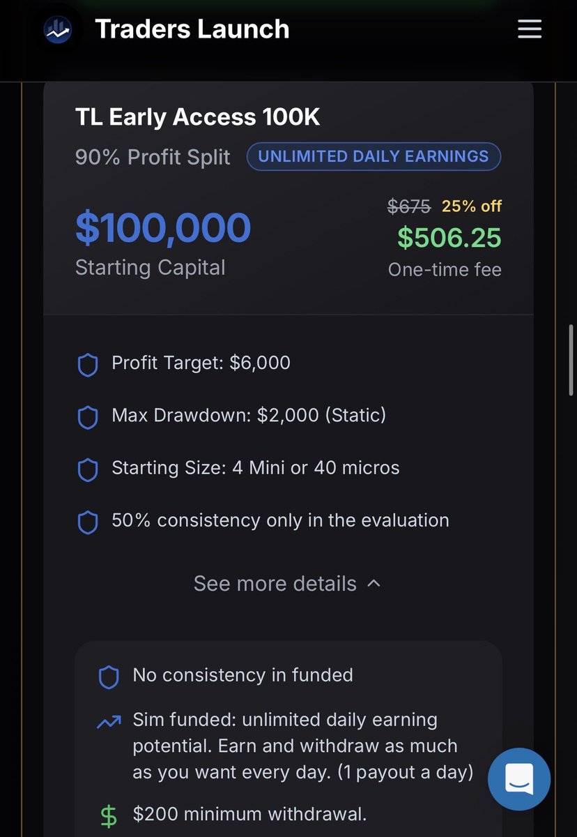 tradesbyrina's tweet photo. Since you guys seem perfectly willing to spend $500 on a perp trading account for the static drawdown and “daily” payouts (more like 24-48 hours), why not go with @TradersLaunch’s limited static drop? 

✅ Futures, not perps
✅ Two choices of Volumetrica platform (both infinitely better than whatever Vest has)
✅ Daily uncapped payouts (on the $100k static plan with 90% profit split) 
✅ Payouts delivered via ACH directly to your bank account (not in crypto, unless you prefer that)
✅ No buffer in funded. All profits made in your sim funded account are eligible for immediate withdrawal, with a $200 minimum withdrawal

You can also get an account for as little as $90 (static DD, payouts capped at $1k/day)