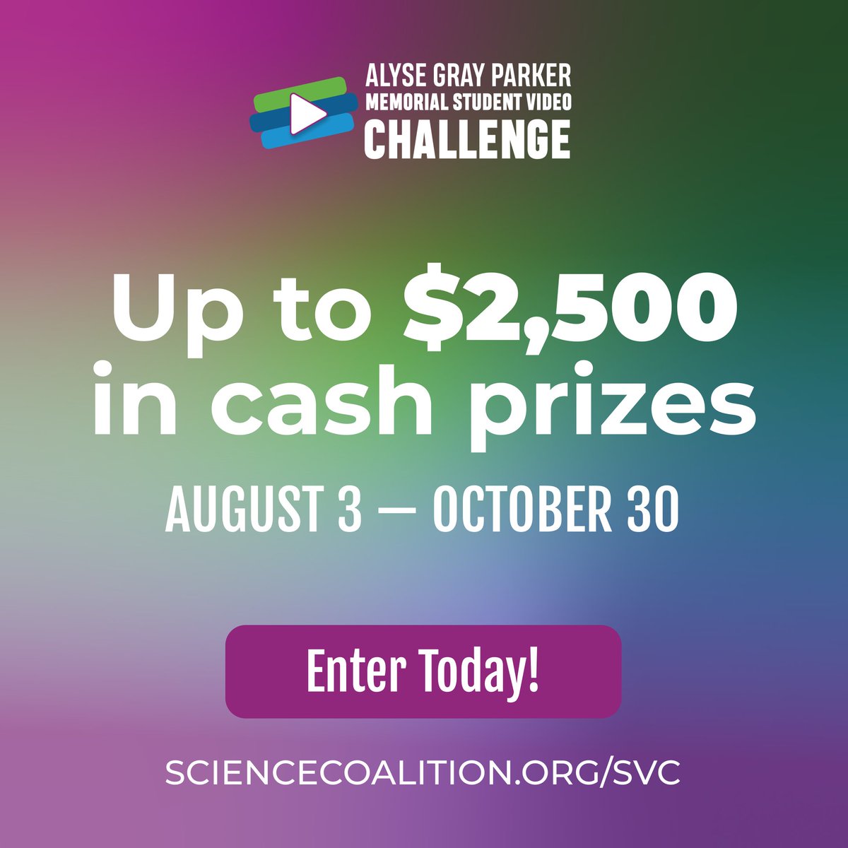 scicoalition's tweet photo. There’s still time to join the Alyse Gray Parker Memorial Student Video Challenge!

Students at TSC member institutions have until October 30 to submit their videos for the chance to win a cash prize. https://t.co/UZseijlKU4