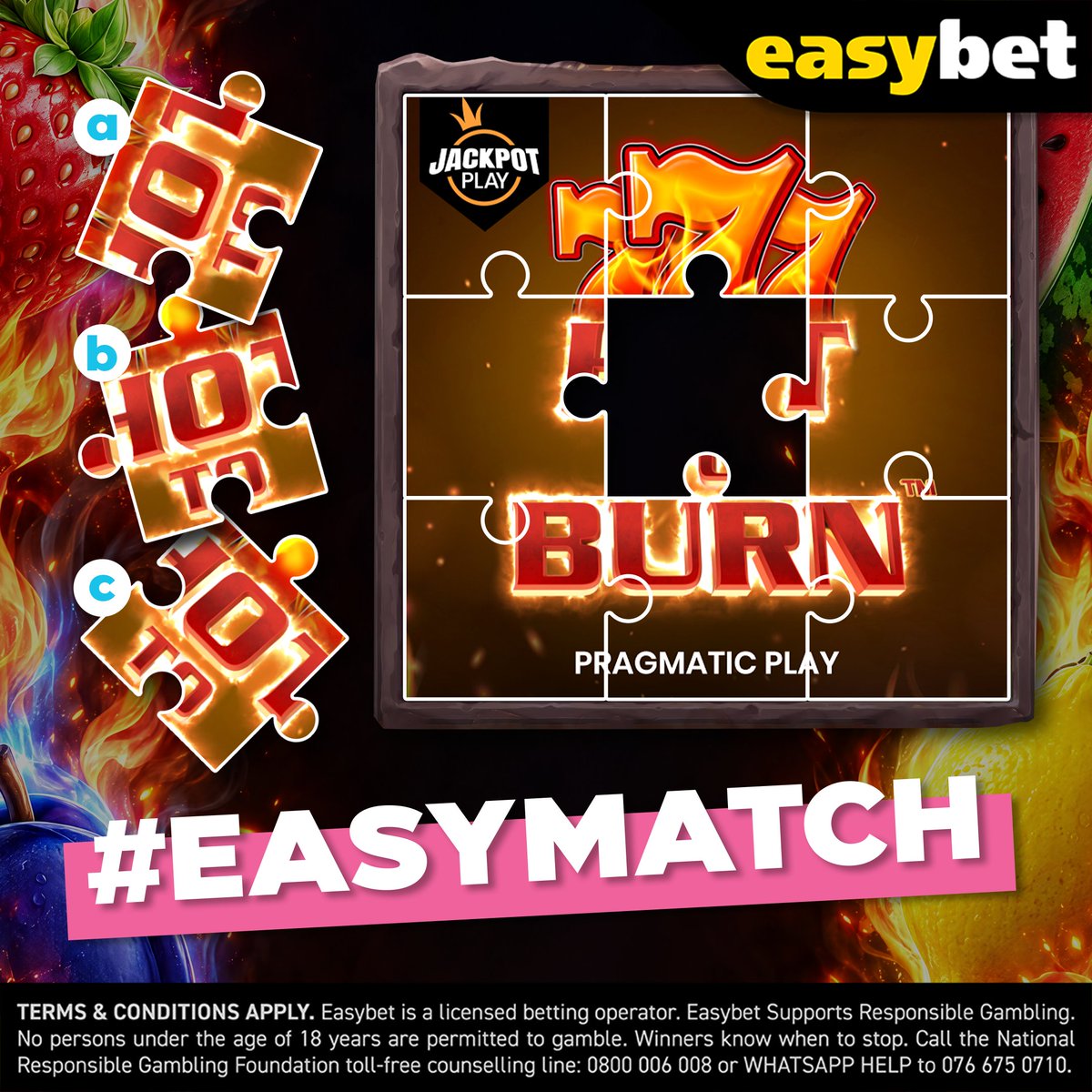Easybet_SA's tweet photo. ๐ฅ One piece is missing from the fire!
Take a close look at Hot To Burn by Pragmatic Play and tell us which piece completes the puzzle.
Comment A, B or C + your Easybet USER ID for a chance to win! ๐
๐ฐ Spin here: https://t.co/kLHjcEJMam
#Easybet #EasyMatch #FireTitans #HotToBurn