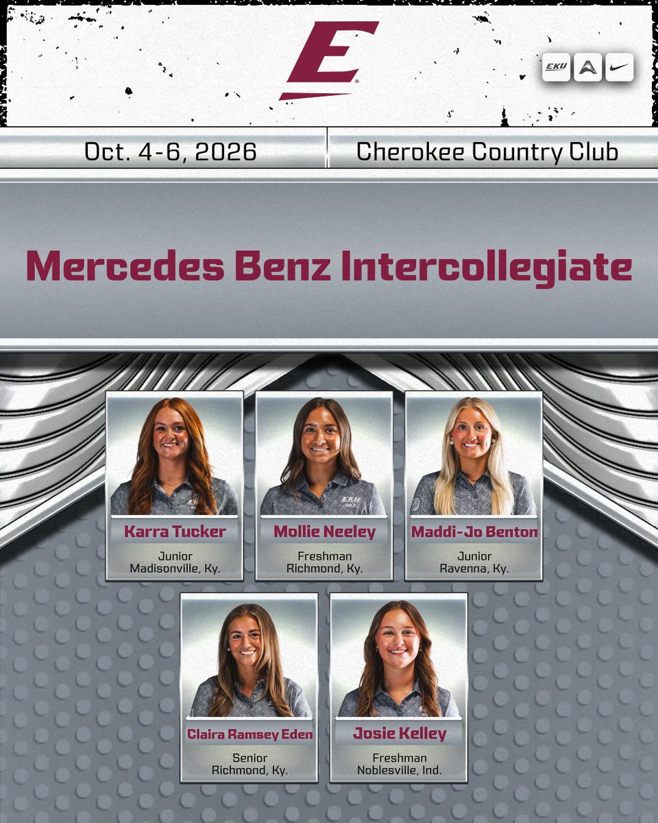 EKUWGolf's tweet photo. The practice round at Tennessee's Mercedes Benz Intercollegiate is underway.

Here's the 5 that will be on the course for EKU the next three days.
#GoBigE https://t.co/Y4DLHbrAJq