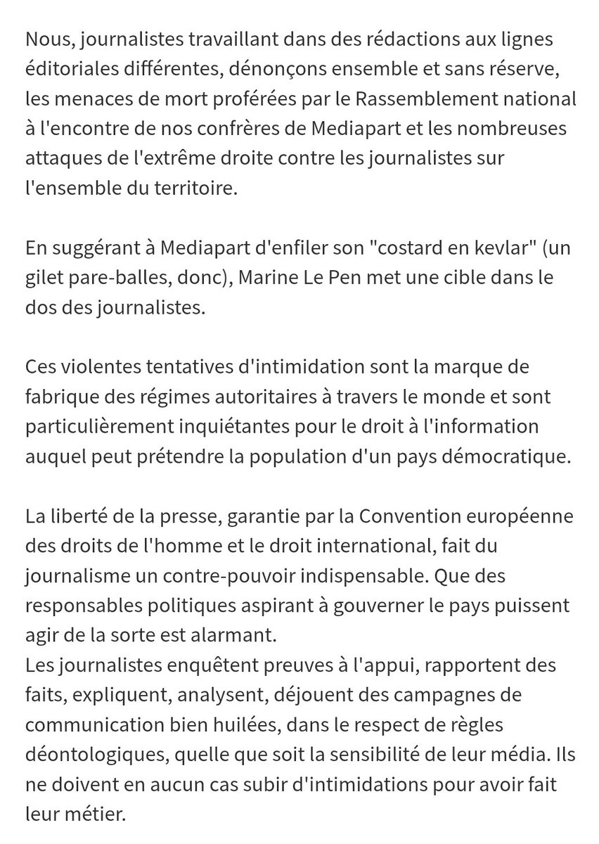 SDJ_AFP's tweet photo. "Costard en kevlar" : la SDJ de l'#AFP s'associe aux sociétés de journalistes d'une quarantaine de rédactions pour dénoncer les menaces de mort proférées par le Rassemblement national à l'encontre de nos confrères de @Mediapart https://t.co/Qrsld8mUR2