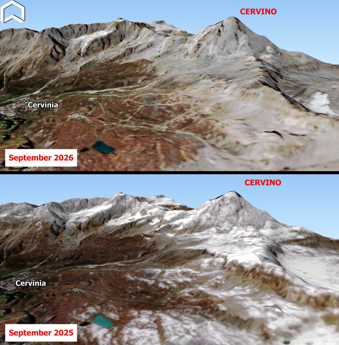 PlatformAdam's tweet photo. The Cervino is naked! A stunning look at the #Cervino, #Italy without snow after the scorching summer 2026 capured by #Copernicus #Sentinel2 compared with the same view from September 2025. #Alps #climateemergency #Matterhorn 
@Alpenweerman https://t.co/MmX3fTHYNe