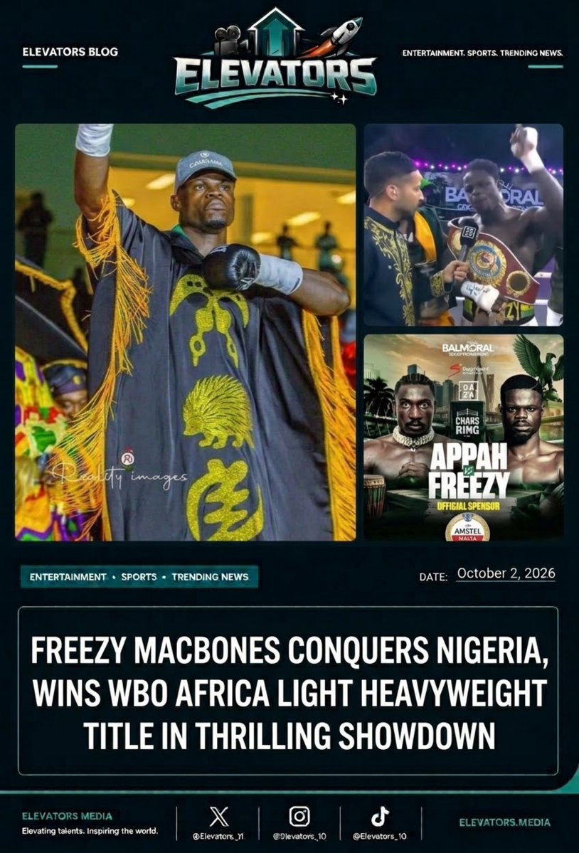 Elevators_11's tweet photo. Ghanaian boxer @freezy_macbones has defeated Nigeria’s Godday Appah by majority decision in Lagos to claim the WBO Africa Light Heavyweight Championship, marking a major milestone in his boxing career.
#ElevatorsBlog #FreezyMacbones #GhanaBoxing https://t.co/8EAZOBBxF2