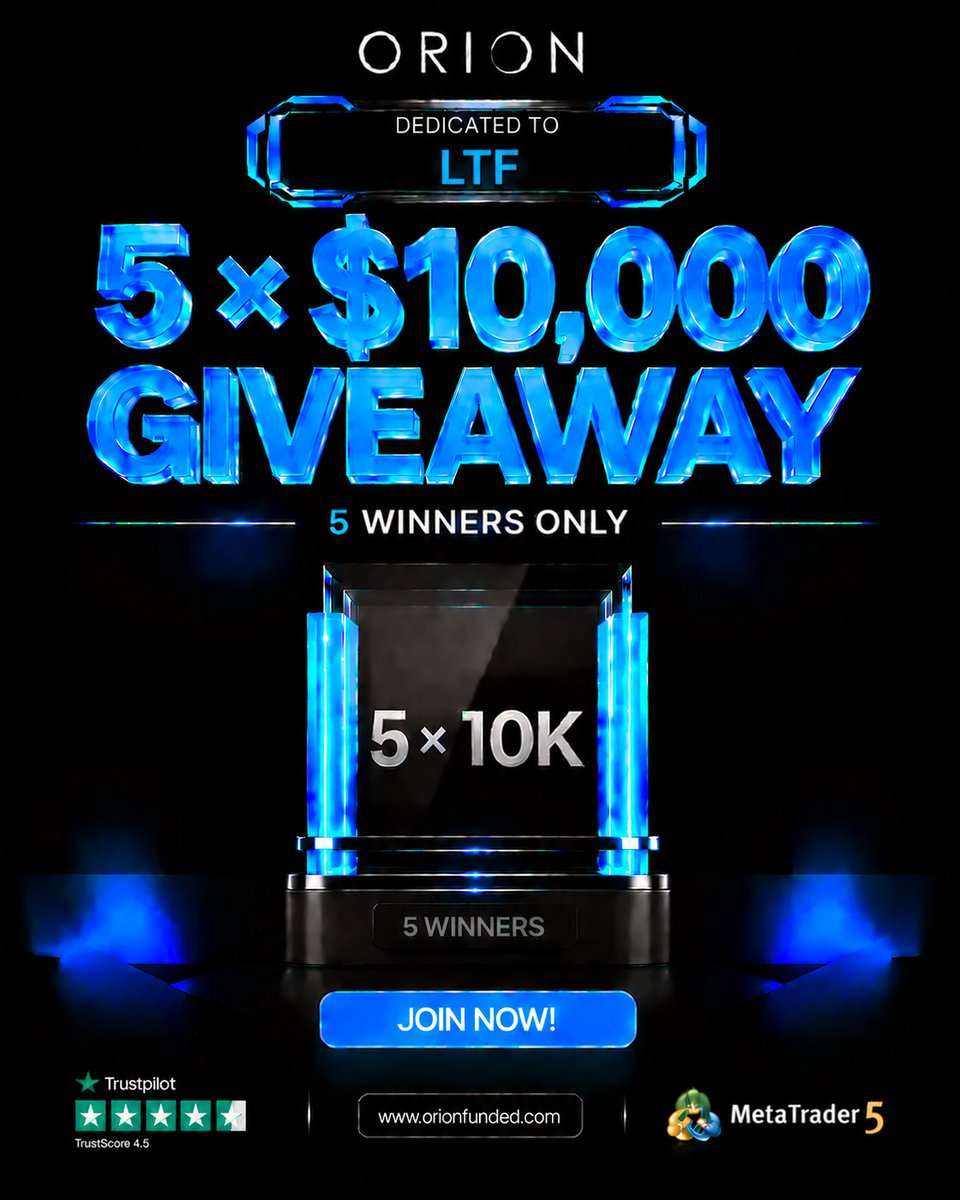 biantrades's tweet photo. 🚨Giveaway 5 x 10K Account Challenge🚨

Rules:

- Follow: @Orionfundedcom | @OrionAffiliates | @biantrades 
- Like & Retweet.
- Tag 3 friend.
- Engage my quote post.
- Sign Up: https://t.co/vgw0AO1Tlf

Note: All rules is mandatory, will be check manually.