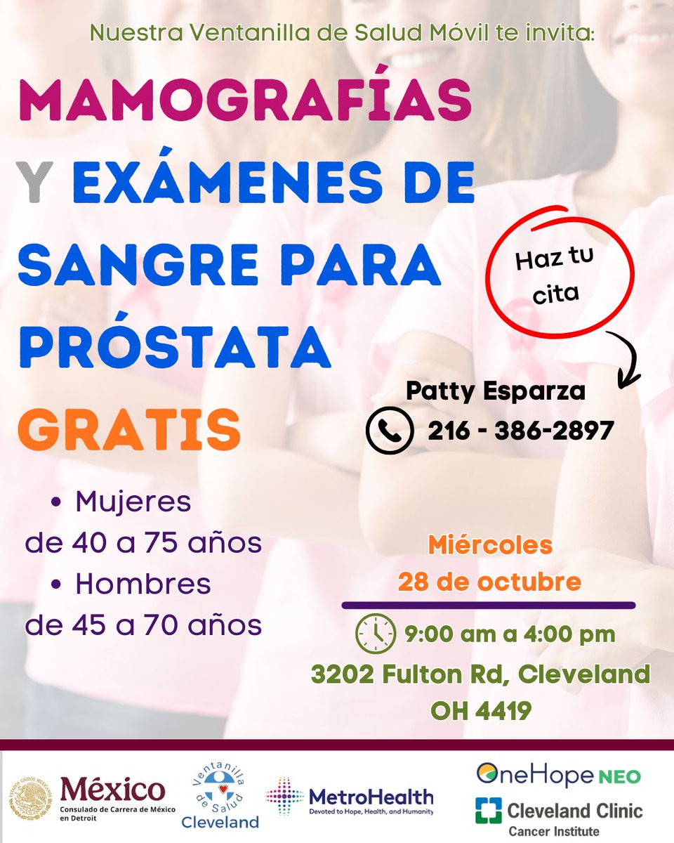 consulmexDET's tweet photo. Si estás en Cleveland y tienes la edad requerida, no desaproveches la oportunidad de asistir a hacerte una mamografía o un examen de sangre para la próstata.
📆28 de octubre
📍3202 Fulton Rd, Cleveland OH.
☎️216 - 386-2897.
#Mamografías #Próstata #PrevencióndelCáncer #VDS https://t.co/M7Urfk9Y2o
